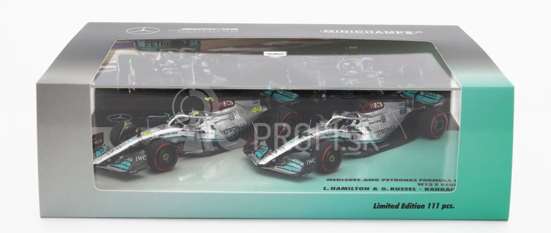 Minichamps Mercedes gp F1 Set 2x W13e Team Mercedes-amg Petronas F1 N 44 3. GP Bahrajnu 2022 Lewis Hamilton + N 63 4. GP Bahrajnu 2022 George Russel 1:43 Silver Green