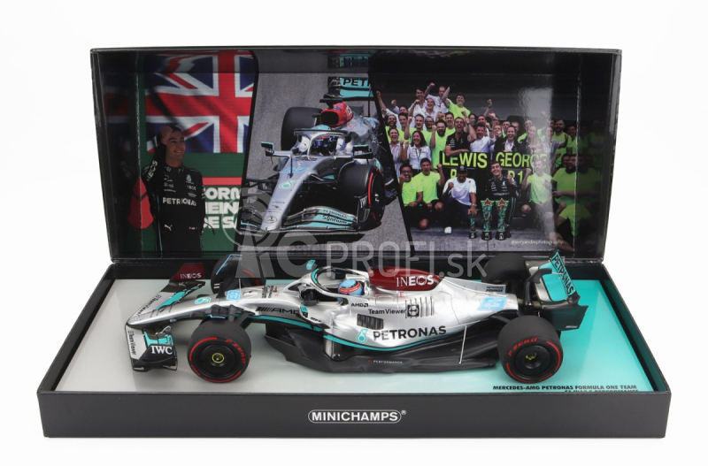 Minichamps Mercedes gp F1 W13e Team Mercedes-amg Petronas F1 N 63 (prvé víťazstvo v F1) Víťaz Brazilian Gp 2022 George Russel 1:18 Strieborno-zelená