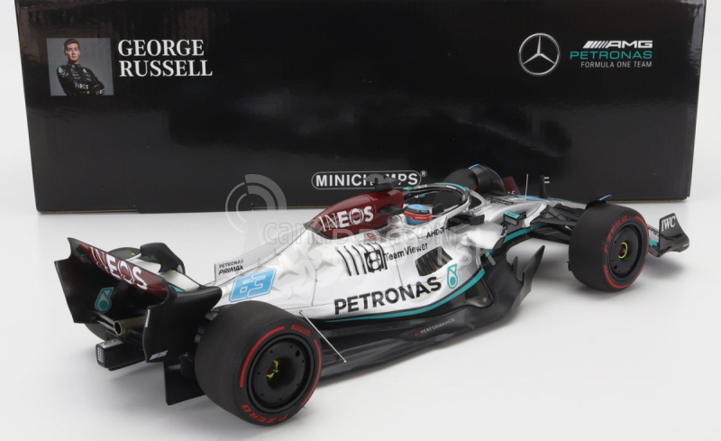 Minichamps Mercedes gp F1 W13e Team Mercedes-amg Petronas F1 N 63 (prvé víťazstvo v F1) Víťaz Brazilian Gp 2022 George Russel 1:18 Strieborno-zelená