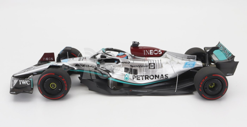 Minichamps Mercedes gp F1 W13e Team Mercedes-amg Petronas F1 N 63 (prvé víťazstvo v F1) Víťaz Brazilian Gp 2022 George Russel 1:18 Strieborno-zelená