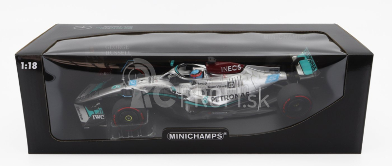 Minichamps Mercedes gp F1 W13e Team Mercedes-amg Petronas F1 N 63 (prvé víťazstvo v F1) Víťaz Brazilian Gp 2022 George Russel 1:18 Strieborno-zelená