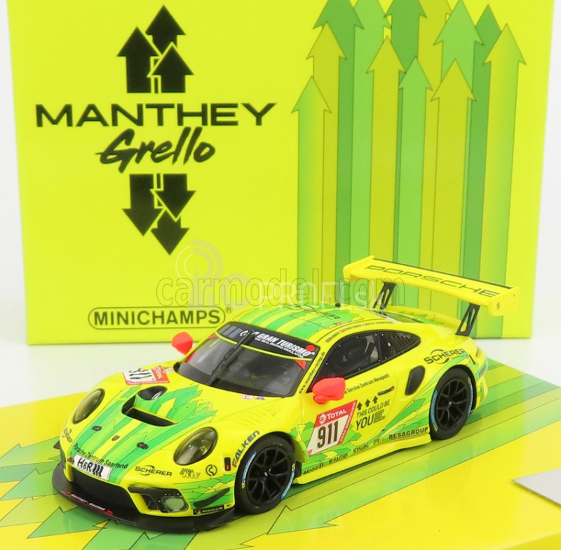 Minichamps Porsche 911 991-2 Gt3 R Team Manthey Racing N 911 2nd 24h Nurburgring 2019 E.bamber - M.christensen - K.estre 1:43 Žltozelená