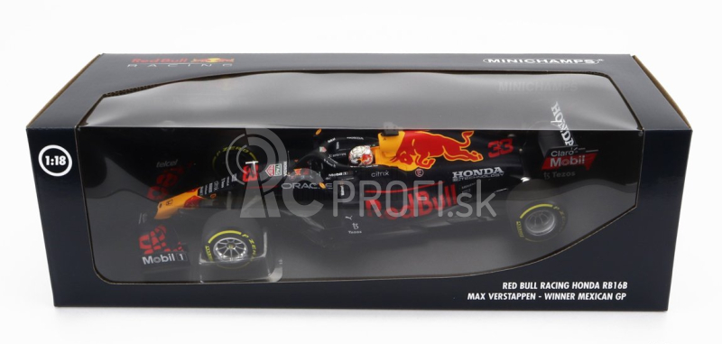 Minichamps Red bull F1 Rb16b Honda Ra620h Team Aston Martin N 33 Víťaz majstrovstiev sveta Mexico Gp 2021 Max Verstappen 1:18 Matná modrá žltá červená