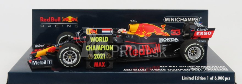 Minichamps Red bull F1 Rb16b Honda Ra620h Team Aston Martin N 33 Winner Abu Dhabi Gp Majster sveta s Pit Board 2021 Max Verstappen 1:43 Matná modrá žltá červená