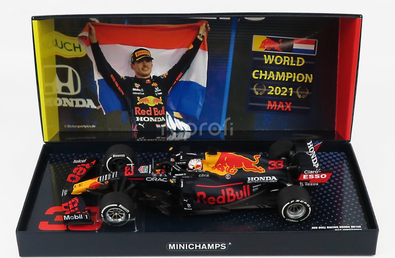 Minichamps Red bull F1 Rb16b Honda Ra620h Team Aston Martin N 33 Winner Abu Dhabi Gp With Pit Board World Champion 2021 Max Verstappen 1:18 Matná modrá žltá červená