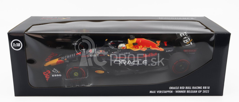 Minichamps Red bull F1 Rb18 Team Oracle Red Bull Racing N 1 Majster sveta Víťaz Belgicko Gp 2022 Max Verstappen 1:18 Matná modrá žltá červená