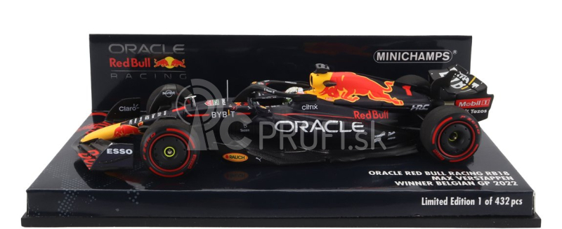 Minichamps Red bull F1 Rb18 Team Oracle Red Bull Racing N 1 Majster sveta Víťaz Belgicko Gp 2022 Max Verstappen 1:43 Matná modrá žltá červená