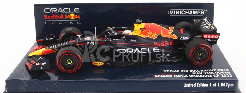 Minichamps Red bull F1 Rb18 Team Oracle Red Bull Racing N 1 Majster sveta Víťaz Emilia Romagna Taliansko Gp 2022 Max Verstappen 1:43 Matná modrá žltá červená