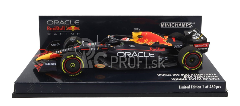 Minichamps Red bull F1 Rb18 Team Oracle Red Bull Racing N 1 Majster sveta Víťaz GP Holandska 2022 Max Verstappen 1:43 Matná modrá žltá červená