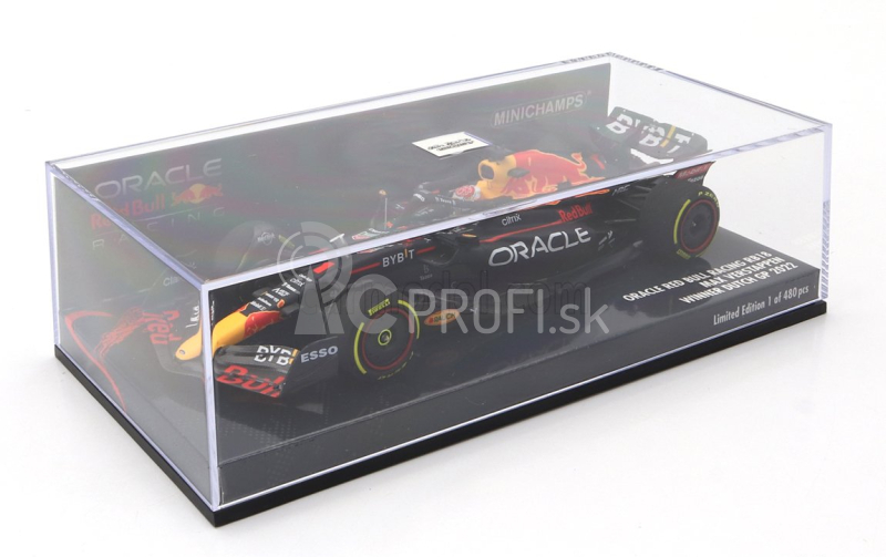 Minichamps Red bull F1 Rb18 Team Oracle Red Bull Racing N 1 Majster sveta Víťaz GP Holandska 2022 Max Verstappen 1:43 Matná modrá žltá červená