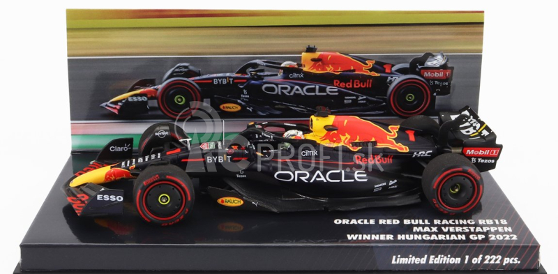 Minichamps Red bull F1 Rb18 Team Oracle Red Bull Racing N 1 Majster sveta Víťaz Hungarian Gp 2022 Max Verstappen 1:43 Matná modrá žltá červená