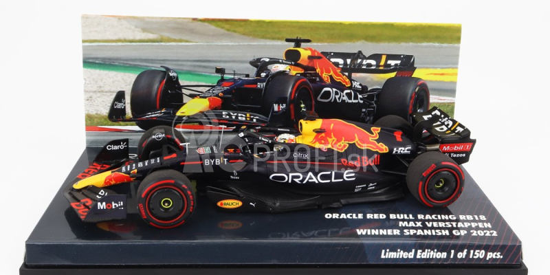 Minichamps Red bull F1 Rb18 Team Oracle Red Bull Racing N 1 Majster sveta Víťaz Španielsko Gp 2022 Max Verstappen 1:43 Matná modrá žltá červená