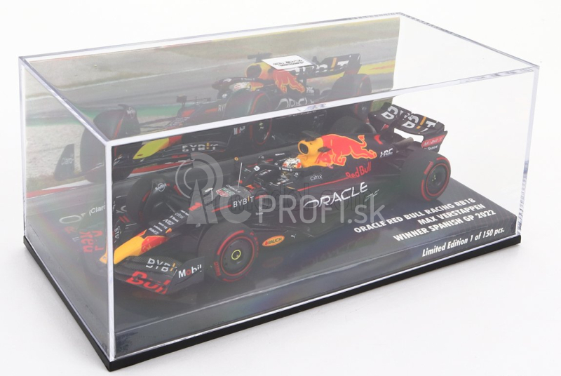 Minichamps Red bull F1 Rb18 Team Oracle Red Bull Racing N 1 Majster sveta Víťaz Španielsko Gp 2022 Max Verstappen 1:43 Matná modrá žltá červená