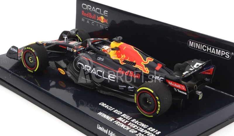 Minichamps Red bull F1 Rb18 Team Oracle Red Bull Racing N 1 Víťaz majstrovstiev sveta Francúzska 2022 Max Verstappen 1:43 Matná modrá žltá červená