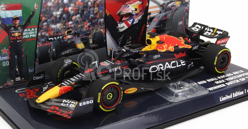 Minichamps Red bull F1 Rb18 Team Oracle Red Bull Racing N 1 Víťaz majstrovstiev sveta Zandvoort Dutch GP 2022 s vlajkou a postavou Maxa Verstappena 1:43 Matná modrá žltá červená