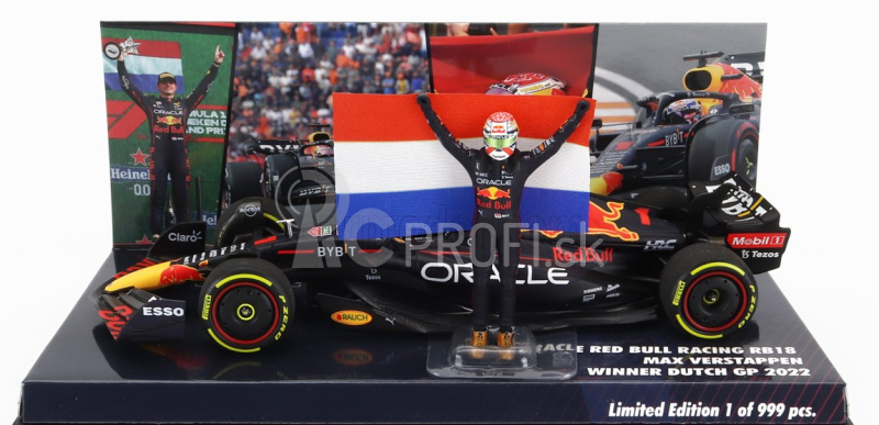 Minichamps Red bull F1 Rb18 Team Oracle Red Bull Racing N 1 Víťaz majstrovstiev sveta Zandvoort Dutch GP 2022 s vlajkou a postavou Maxa Verstappena 1:43 Matná modrá žltá červená