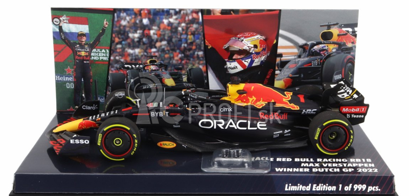 Minichamps Red bull F1 Rb18 Team Oracle Red Bull Racing N 1 Víťaz majstrovstiev sveta Zandvoort Dutch GP 2022 s vlajkou a postavou Maxa Verstappena 1:43 Matná modrá žltá červená