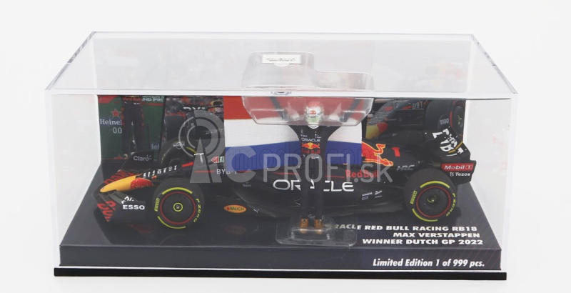 Minichamps Red bull F1 Rb18 Team Oracle Red Bull Racing N 1 Víťaz majstrovstiev sveta Zandvoort Dutch GP 2022 s vlajkou a postavou Maxa Verstappena 1:43 Matná modrá žltá červená