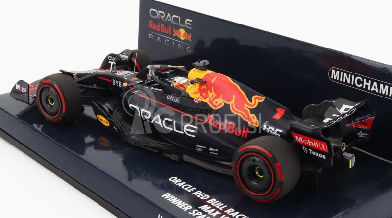 Minichamps Red bull F1 Rb18 Team Oracle Red Bull Racing N 1 Víťaz španielskeho Gp Majster sveta 2022 Max Verstappen 1:43 Matná modrá žltá červená