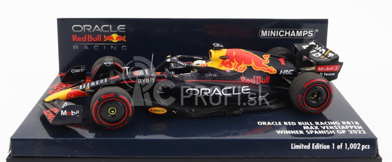 Minichamps Red bull F1 Rb18 Team Oracle Red Bull Racing N 1 Víťaz španielskeho Gp Majster sveta 2022 Max Verstappen 1:43 Matná modrá žltá červená