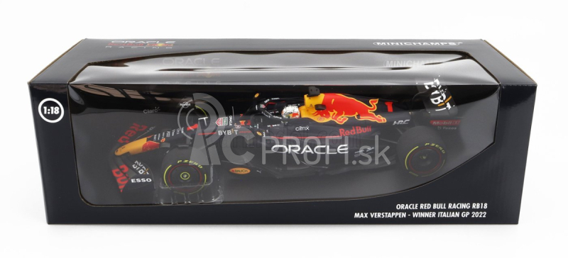 Minichamps Red bull F1 Rb18 Team Oracle Red Bull Racing N 1 Winner Taliansko Gp Majster sveta 2022 Max Verstappen 1:18 Matná modrá žltá červená