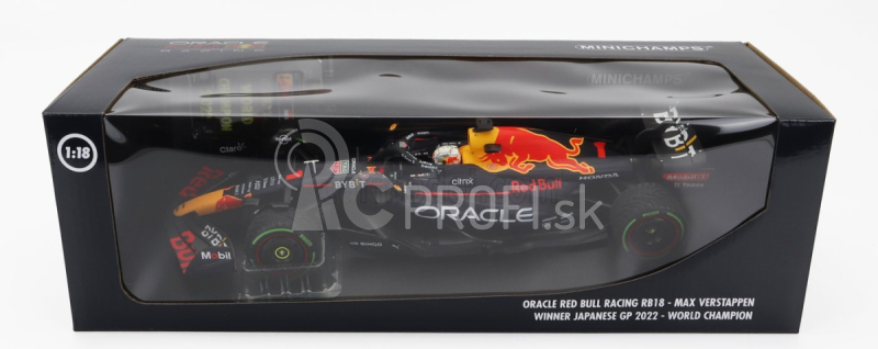 Minichamps Red bull F1 Rb18 Team Oracle Red Bull Racing N 1 World Champion Winner Japan Gp With Pit Board 2022 Max Verstappen 1:18 Matná modrá žltá červená