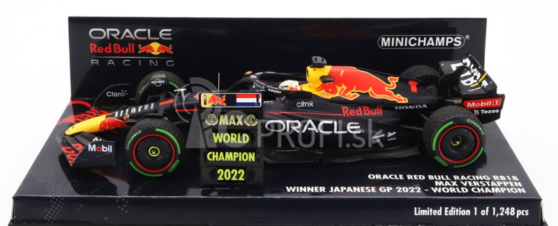 Minichamps Red bull F1 Rb18 Team Oracle Red Bull Racing N 1 World Champion Winner Japan Gp With Pit Board 2022 Max Verstappen 1:43 Matná modrá žltá červená