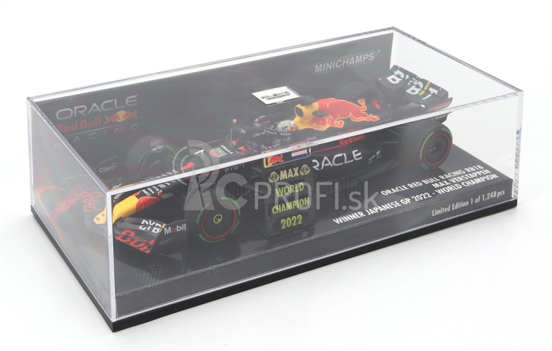 Minichamps Red bull F1 Rb18 Team Oracle Red Bull Racing N 1 World Champion Winner Japan Gp With Pit Board 2022 Max Verstappen 1:43 Matná modrá žltá červená