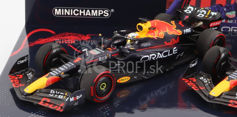 Minichamps Red bull F1 Set 2x Rb18 Team Oracle Red Bull Racing N 1 Víťaz Emilia Romagna Taliansko Gp Majster sveta 2022 Max Verstappen + N 11 2. Emilia Romagna Taliansko Gp 2022 Sergio Perez 1:43 Matná modrá žltá červená