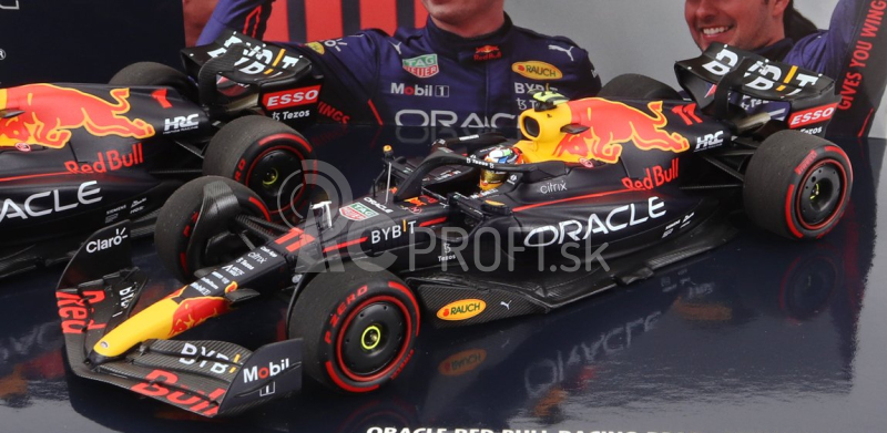 Minichamps Red bull F1 Set 2x Rb18 Team Oracle Red Bull Racing N 1 Víťaz Emilia Romagna Taliansko Gp Majster sveta 2022 Max Verstappen + N 11 2. Emilia Romagna Taliansko Gp 2022 Sergio Perez 1:43 Matná modrá žltá červená