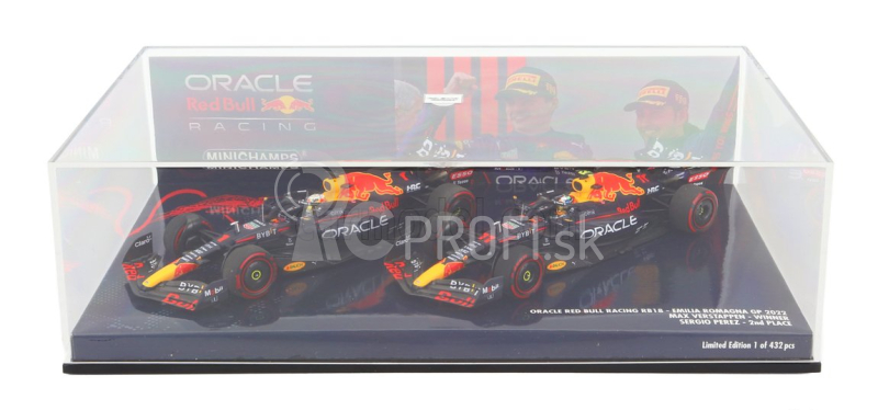 Minichamps Red bull F1 Set 2x Rb18 Team Oracle Red Bull Racing N 1 Víťaz Emilia Romagna Taliansko Gp Majster sveta 2022 Max Verstappen + N 11 2. Emilia Romagna Taliansko Gp 2022 Sergio Perez 1:43 Matná modrá žltá červená