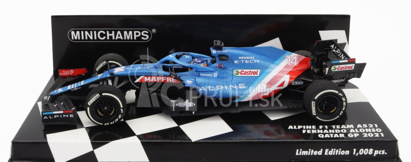 Minichamps Renault F1 A521 Renault E-tech 20b Team Alpine N 14 3. GP Kataru 2021 Fernando Alonso 1:43 Modrá červená biela