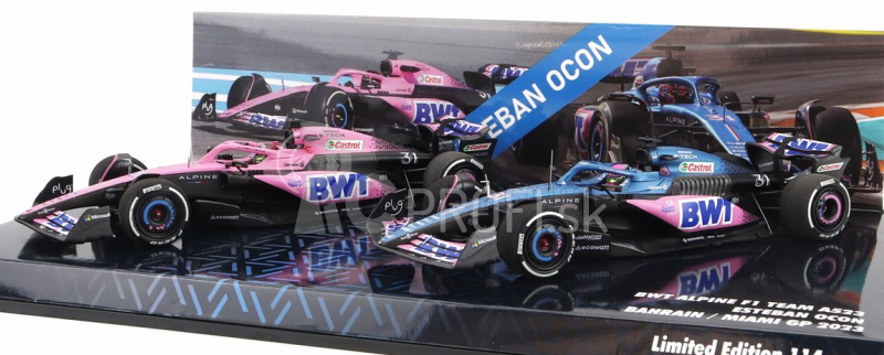 Minichamps Renault Set 2x F1 A523 Team Bwt Alpine N 31 8th Miami Gp 2023 + N 31 Bahrain Gp 2023 Esteban Ocon 1:43 Modrá čierna ružová