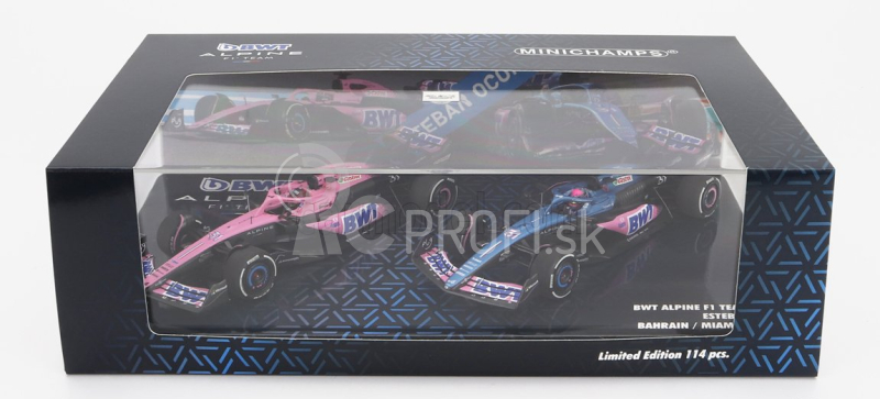 Minichamps Renault Set 2x F1 A523 Team Bwt Alpine N 31 8th Miami Gp 2023 + N 31 Bahrain Gp 2023 Esteban Ocon 1:43 Modrá čierna ružová