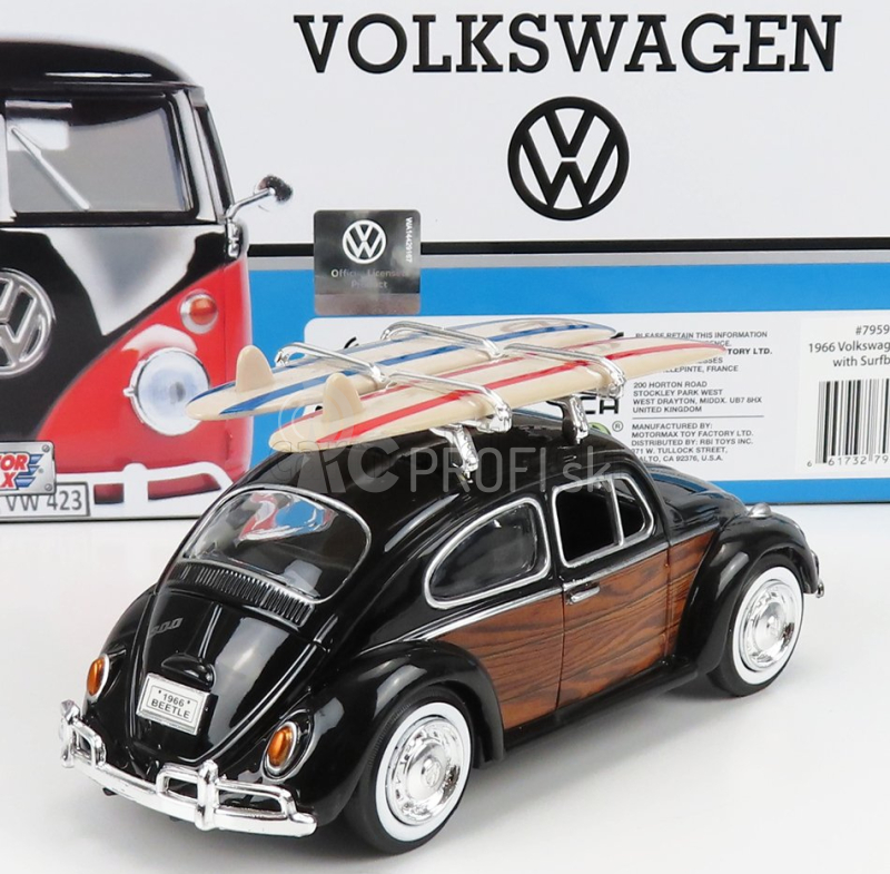 Motor-max Volkswagen Beetle so surfovacím prknom 1968 1:24 Black Wood