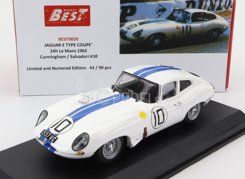 Najlepší model Jaguar E-type 3.8l S6 Coupe Team Briggs Cunningham N 10 4. 24h Le Mans 1962 B.cunningham - R.salvadori 1:43 Biela Modrá