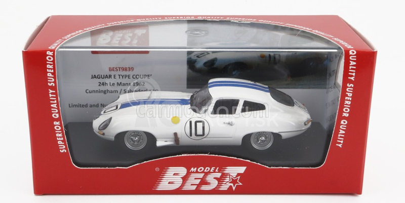 Najlepší model Jaguar E-type 3.8l S6 Coupe Team Briggs Cunningham N 10 4. 24h Le Mans 1962 B.cunningham - R.salvadori 1:43 Biela Modrá