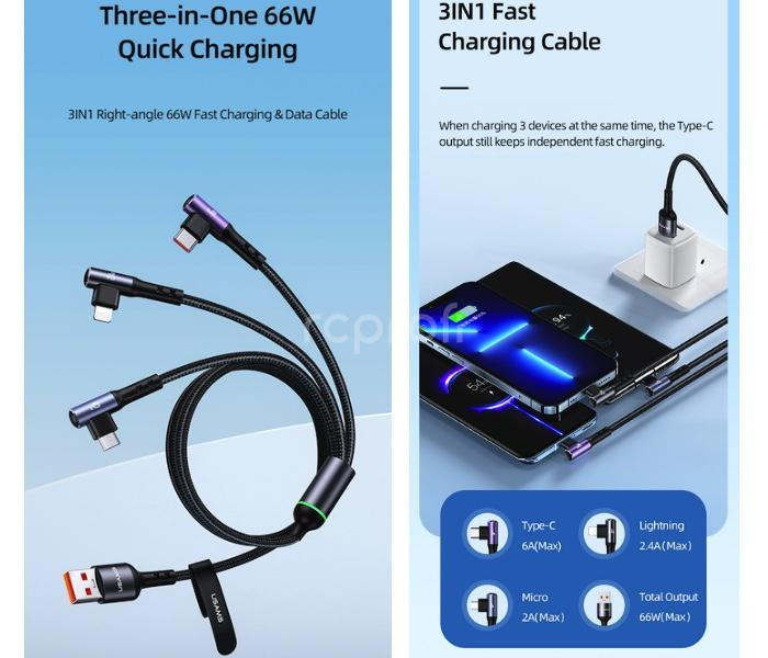 Obdĺžnikový 66W rýchlonabíjací a dátový kábel 3v1 (L+C+M)
