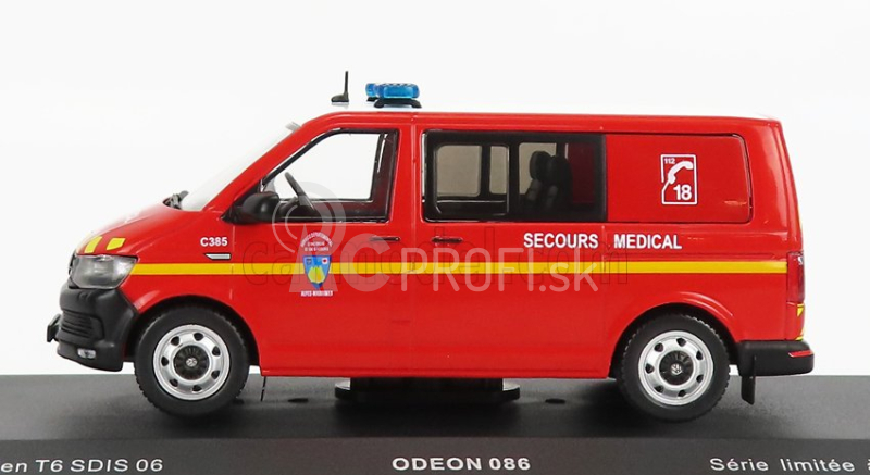 Odeon Volkswagen T6 Minibus Sapeurs Pompiers Sdis 06 Secours Medical 2015 1:43 červená biela