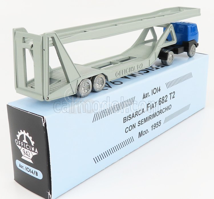 Officina-942 Fiat 682 T2 Truck Bisarca Car Transporter 1955 1:76 Modrá strieborná