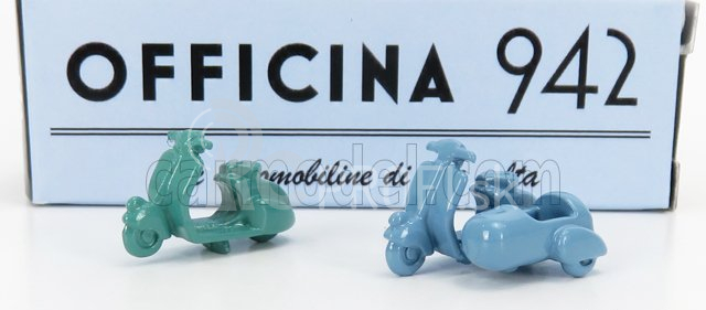 Officina-942 Piaggio Set 2x Vespa 98 + Vespa 98 Sidecar 1946 1:76 zelená svetlo modrá