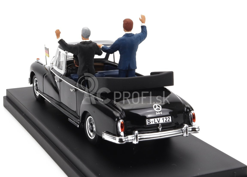 Rio-models Mercedes benz 300d (w189) Cabriolet otvorený 1963 s Konradom Adenauerom a Johnom Fitzgeraldom Kennedym Figúrky 1:43 čierna