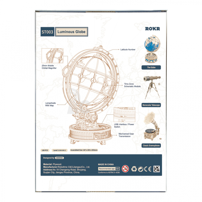 RoboTime 3D drevené mechanické puzzle svietiaci glóbus