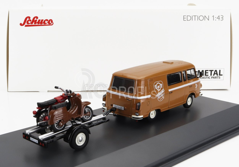 Schuco Barkas B1000 Van Werkstatt Service 1965 s prívesom + 2x motocykel 1:43 svetlohnedý