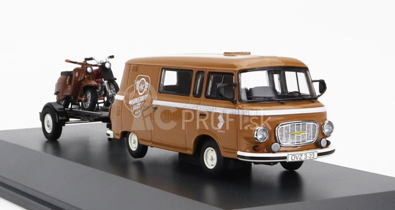 Schuco Barkas B1000 Van Werkstatt Service 1965 s prívesom + 2x motocykel 1:43 svetlohnedý