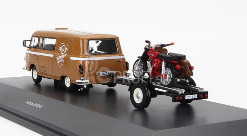 Schuco Barkas B1000 Van Werkstatt Service 1965 s prívesom + 2x motocykel 1:43 svetlohnedý