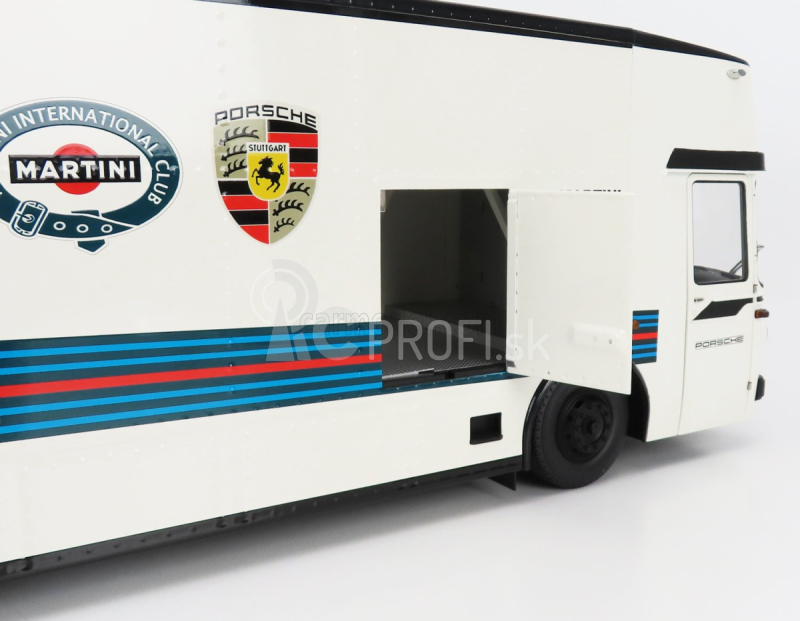 Schuco Mercedes benz O317 Truck Car Transporter Porsche Martini Racing 1968 1:18 bielo modrá