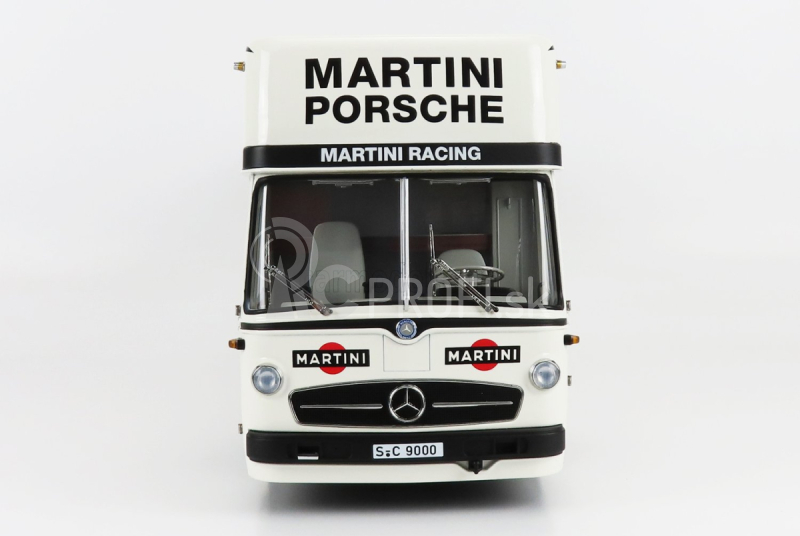 Schuco Mercedes benz O317 Truck Car Transporter Porsche Martini Racing 1968 1:18 bielo modrá