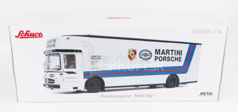 Schuco Mercedes benz O317 Truck Car Transporter Porsche Martini Racing 1968 1:18 bielo modrá