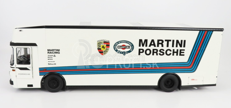 Schuco Mercedes benz O317 Truck Car Transporter Porsche Martini Racing 1968 1:18 bielo modrá